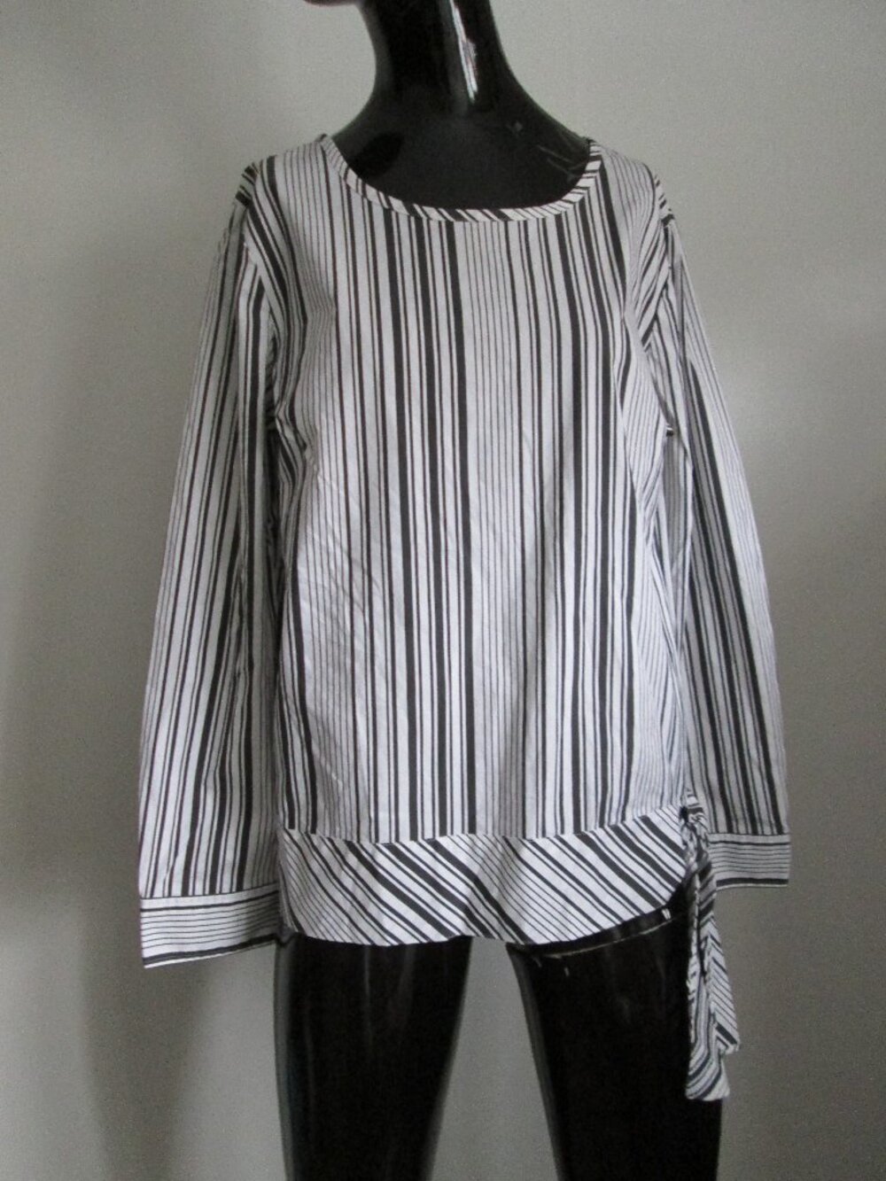 Talbots black white striped cotton sandex tie waist tunic blouse